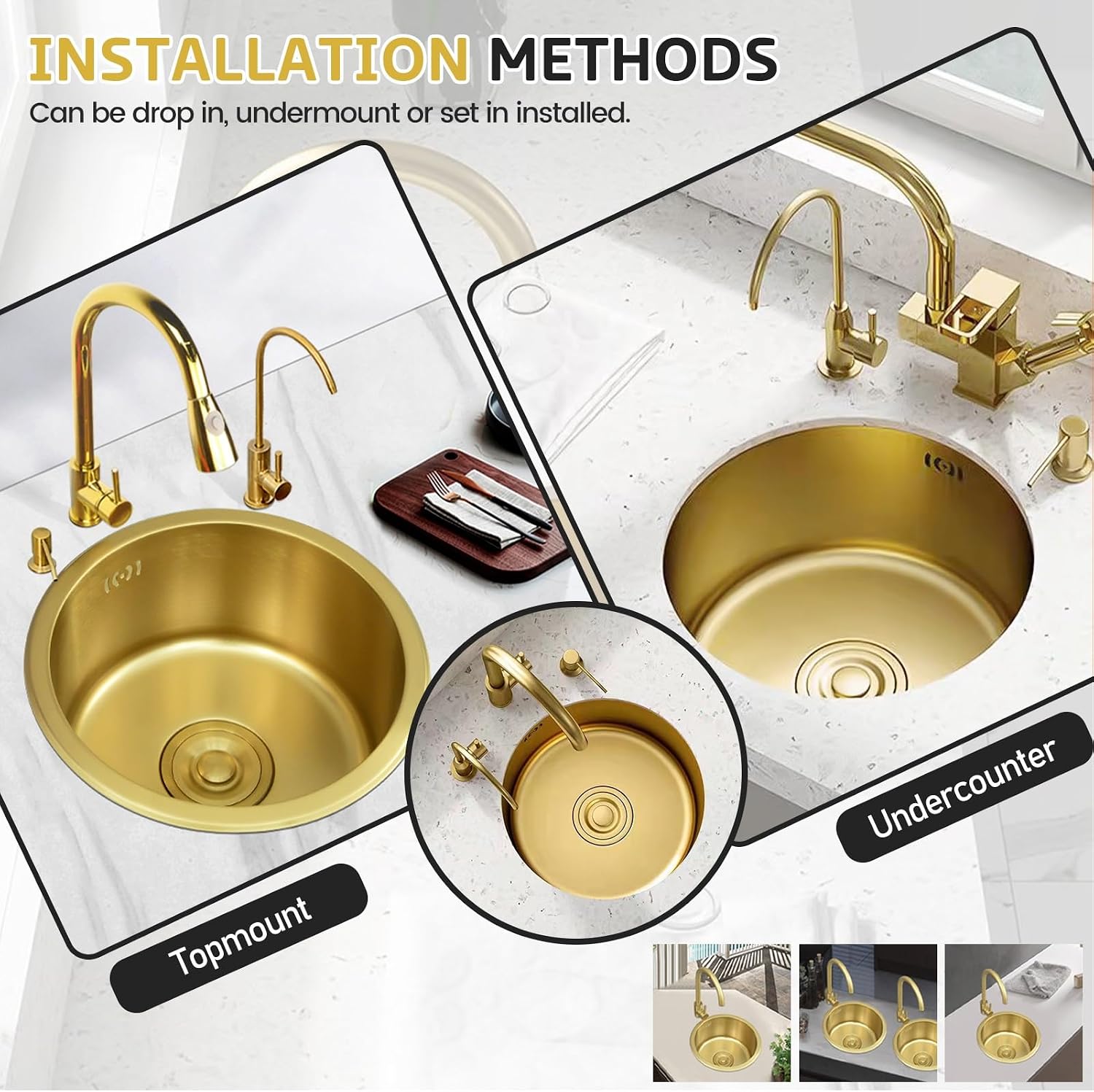 304 Stainless Steel Single Bowl Kitchen Sink, Drop-In/Undermount Workstation Sink With Drain, Handmade Small Wet Bar Sink For RV, Home, Office, Durable Washing Basin Pool(Gold,32x32x19cm)