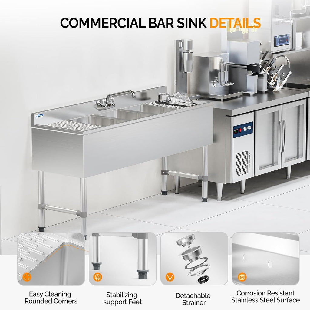 ROVSUN NSF 3 Compartments Bar Sink, Commercial Stainless Steel Underbar Sink with Double Drainboard, Freestaning Large for Kitchen, Bar, Laundry, Garage Use, 60 L x 33 W x 18.4 H