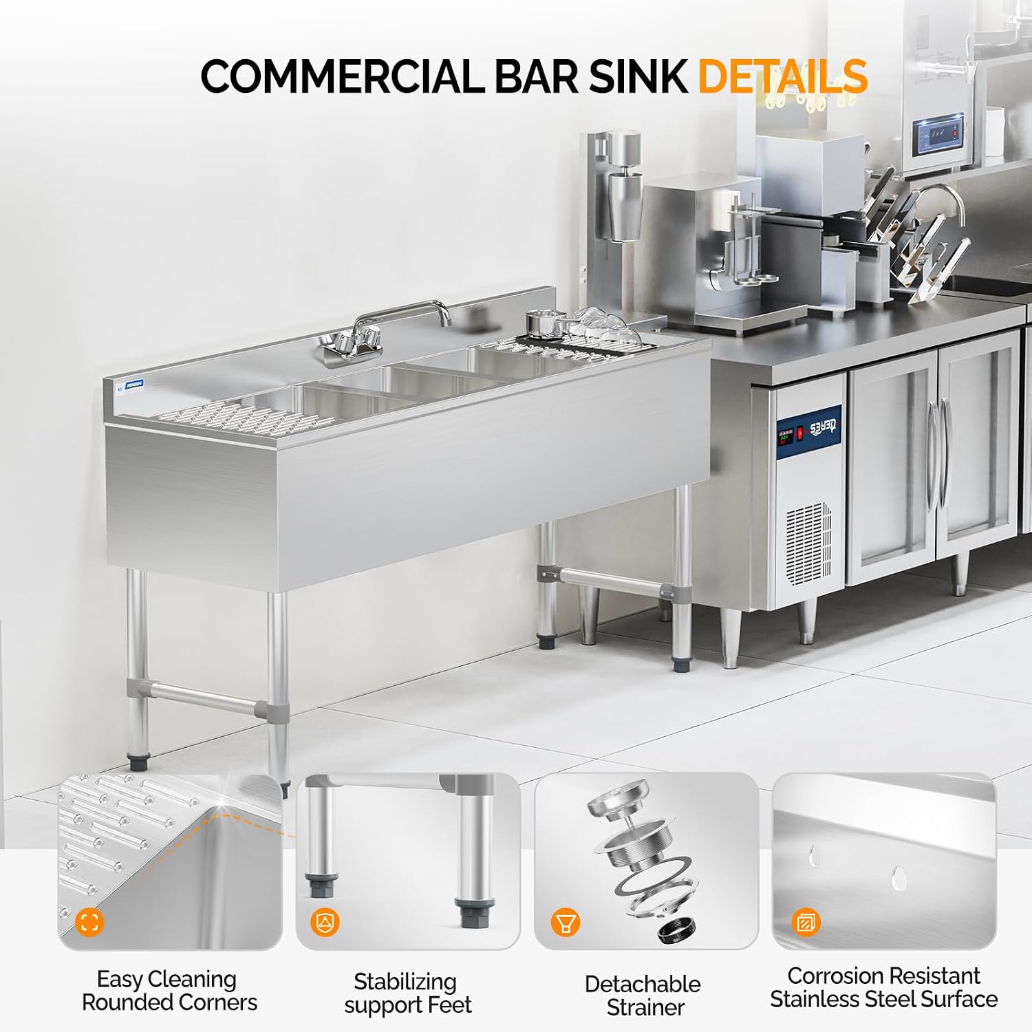 ROVSUN NSF 3 Compartments Bar Sink, Commercial Stainless Steel Underbar Sink with Double Drainboard, Freestaning Large for Kitchen, Bar, Laundry, Garage Use, 60 L x 33 W x 18.4 H