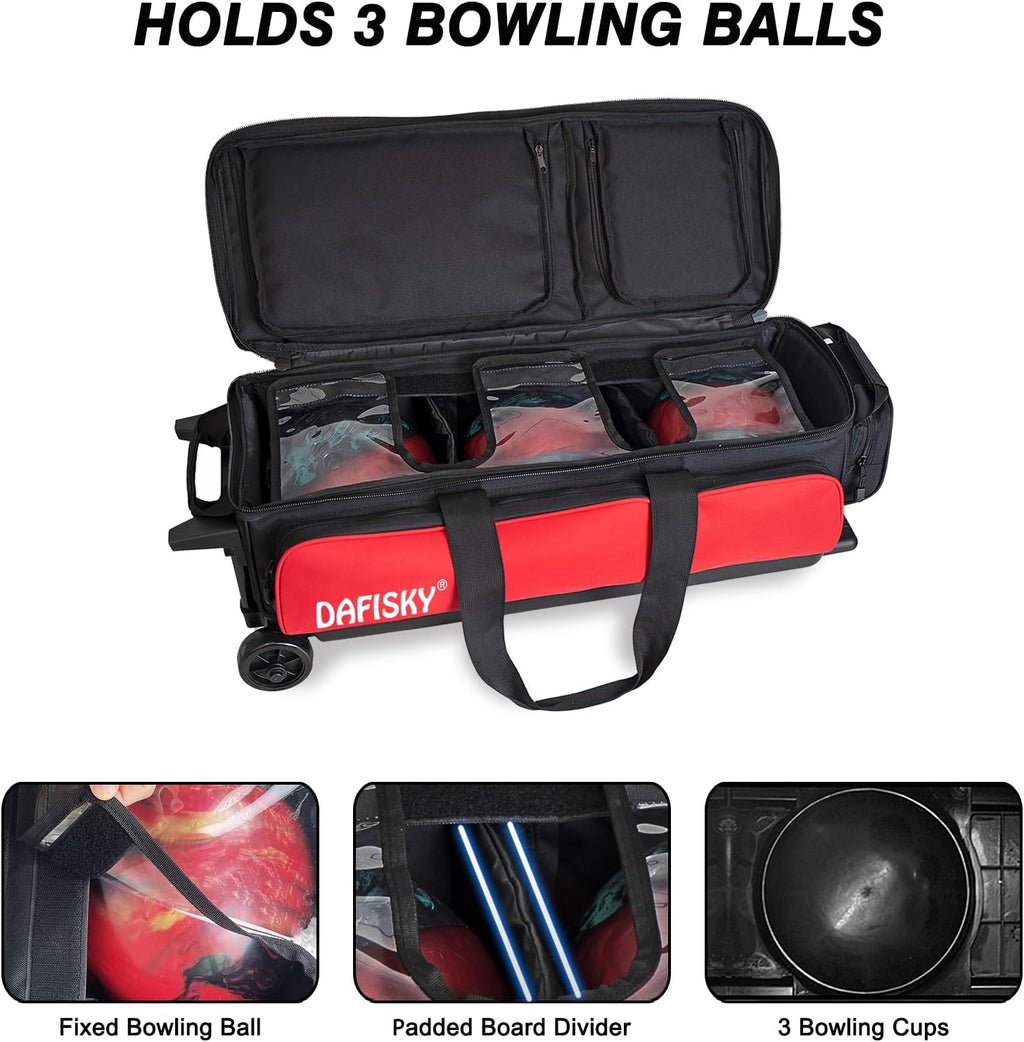 DAFISKY 3 Ball Bowling Bags with Wheels, Roller Bowling Bag with Multiple Pockets Retractable Handle Extends to 38''