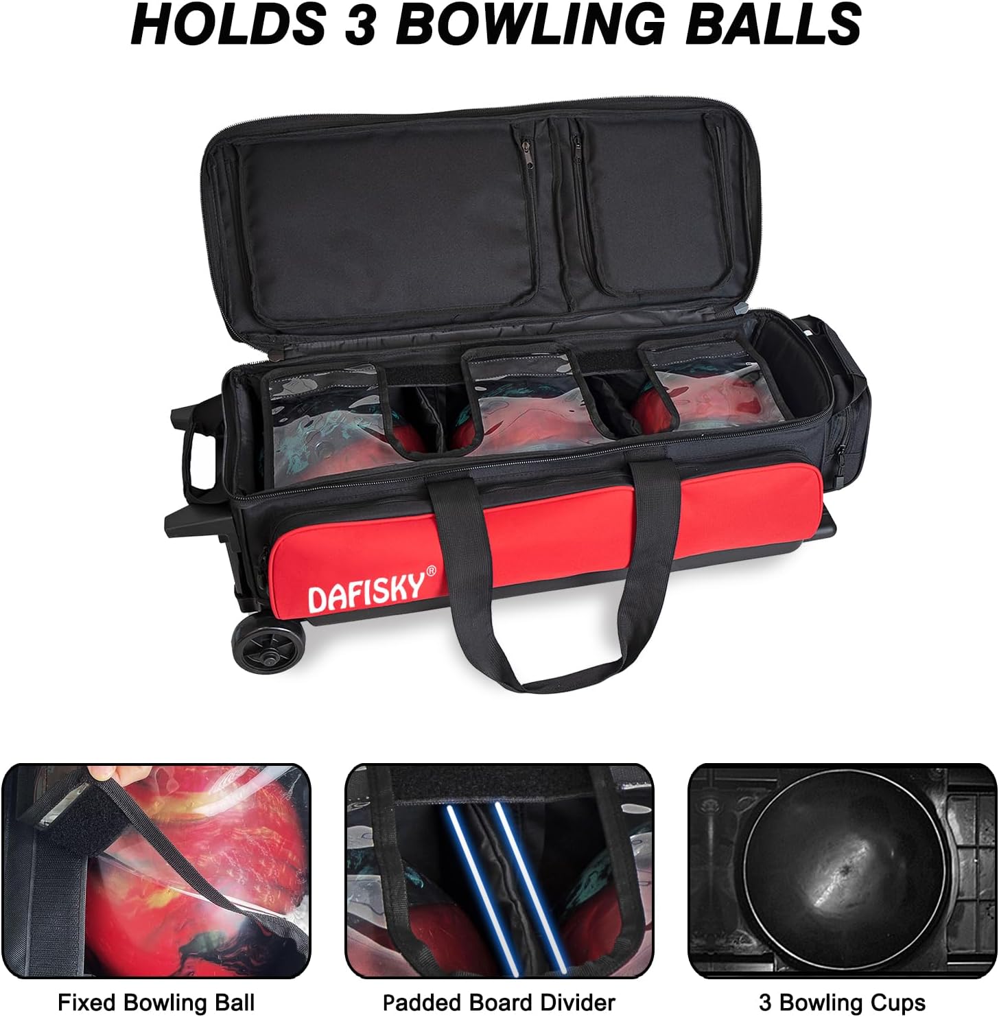 DAFISKY 3 Ball Bowling Bags with Wheels, Roller Bowling Bag with Multiple Pockets Retractable Handle Extends to 38''