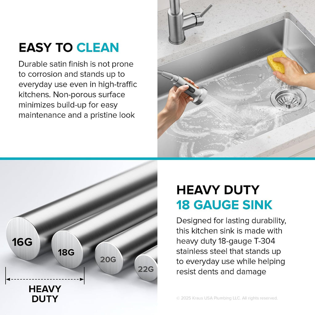 KRAUS Fairlane 33-inch ADA Compliant Undermount Single Bowl 18-Gauge Stainless Steel Kitchen Sink, KHU640-33-5.5
