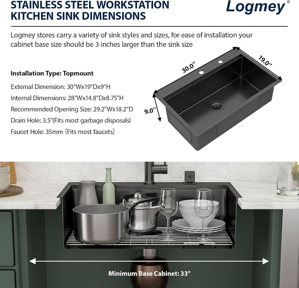 Logmey 30 Inch Drop In Kitchen Sink Workstation 30x19x9 Inch Gunmetal Black Topmount Sinks Stainless Steel 16 Gauge Overmount Kitchen Sink