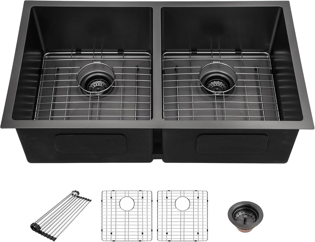 33 Inch Black Undermount Kitchen Sink - Beslend 33'x19'x10' Stainless Steel Gunmetal Black 16 Gauge 10 Inch Deep 50/50 Double Bowl Kitchen Sink Basin, 33 Inch-50/50