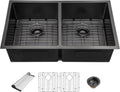 33 Inch Black Undermount Kitchen Sink - Beslend 33'x19'x10' Stainless Steel Gunmetal Black 16 Gauge 10 Inch Deep 50/50 Double Bowl Kitchen Sink Basin, 33 Inch-50/50