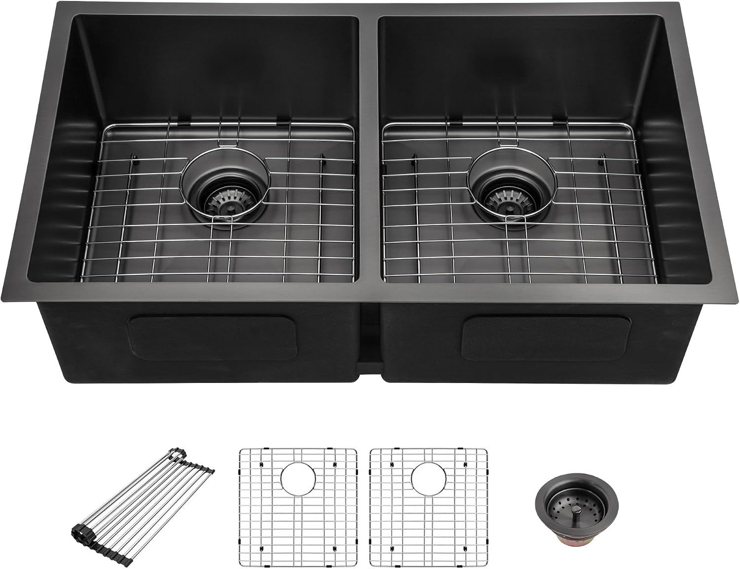 33 Inch Black Undermount Kitchen Sink - Beslend 33'x19'x10' Stainless Steel Gunmetal Black 16 Gauge 10 Inch Deep 50/50 Double Bowl Kitchen Sink Basin, 33 Inch-50/50