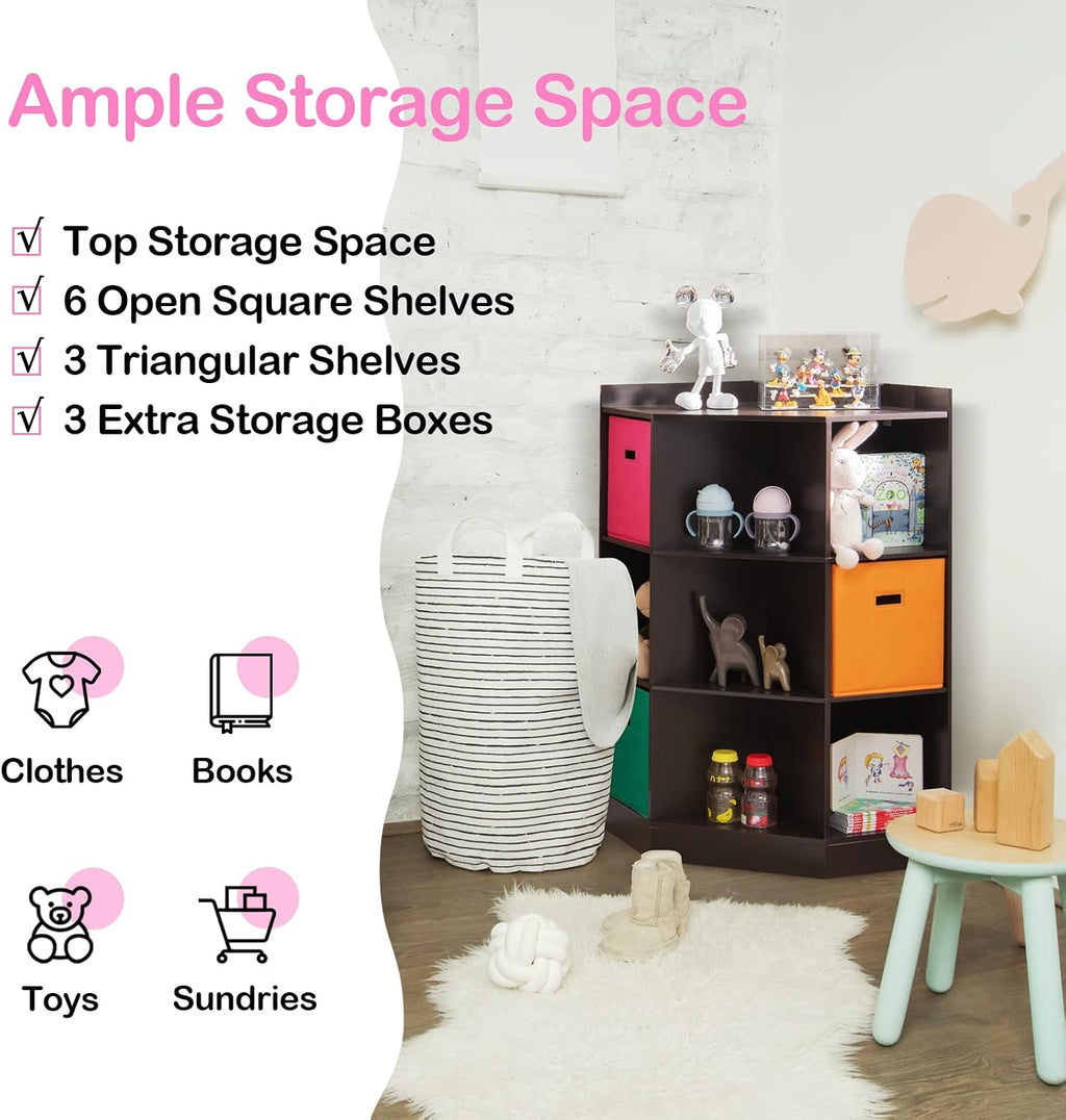 Costzon 9-Cubby Kids Bookcase with Large Storage Bins, Children's Corner Cabinet with 6 Cubes and 3 Shelves, Wooden Toy Organizers and Storage Book Shelves for Playroom Kids Room Nursery (Espresso)