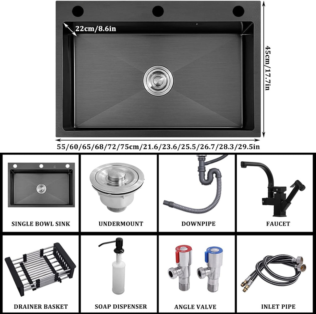 304 Stainless Steel Bar Sink Black Single Bowl Kitchen Sink Household Handmade RV Sink with Faucet and Drainage Kit Top Mount Or Undermount (Color : Black-B, Size : 75x45x22cm) (Blackb 60x45x22cm