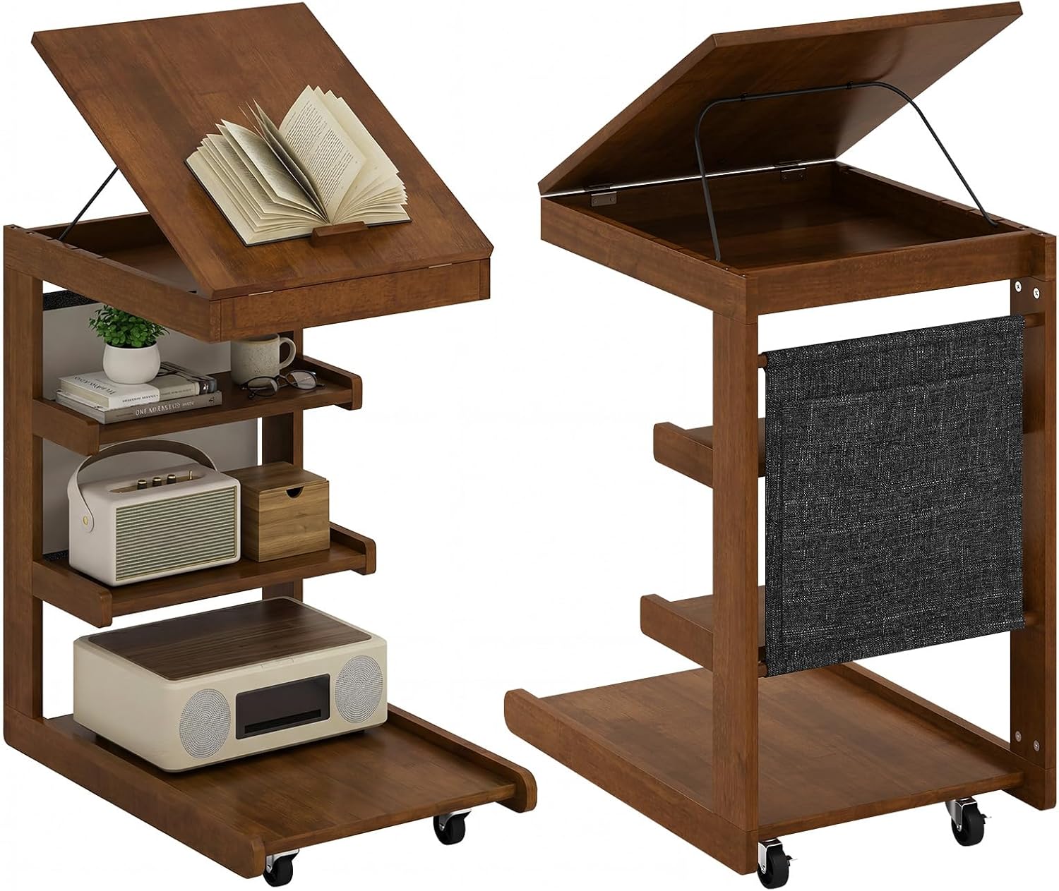 Giantex C-Shaped End Table with Wheels, Set of 2 Wood Rolling Side Table w/Adjustable Desktop, Edge Stopper, Side Pocket & 3 Storage Shelves, Sofa Couch Bedside TV Tray for Living Room Bedroom (Brown)