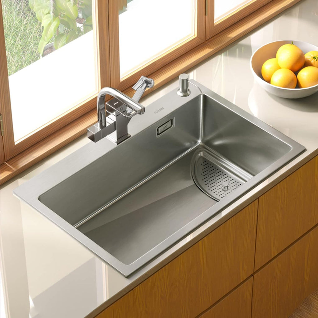 Square Brushed Single Bowl Kitchen Sink/ 304 Stainless Steel Bar Prep Sink with Drain Pipe and Installation Kit Drop in Or Undermount (Color : NO Faucet, Size : 68x45x23.5cm) (Dhave Faucet 72x45x