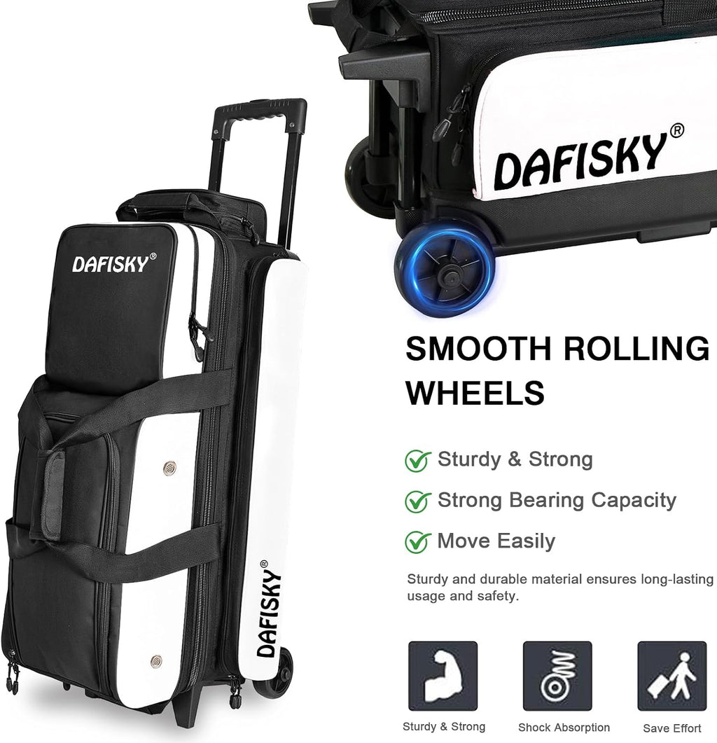 DAFISKY 3 Ball Bowling Bags with Wheels, Roller Bowling Bag with Multiple Pockets Retractable Handle Extends to 38''