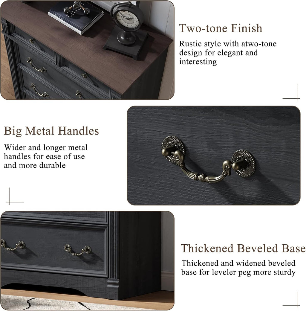Black Dresser for Bedroom, 47' Tall Dresser for Bedroom, Wood Rustic Chest of Drawers with Chic Wood Pilasters, Farmhouse Dressers Organizer for Bedroom, Hallway