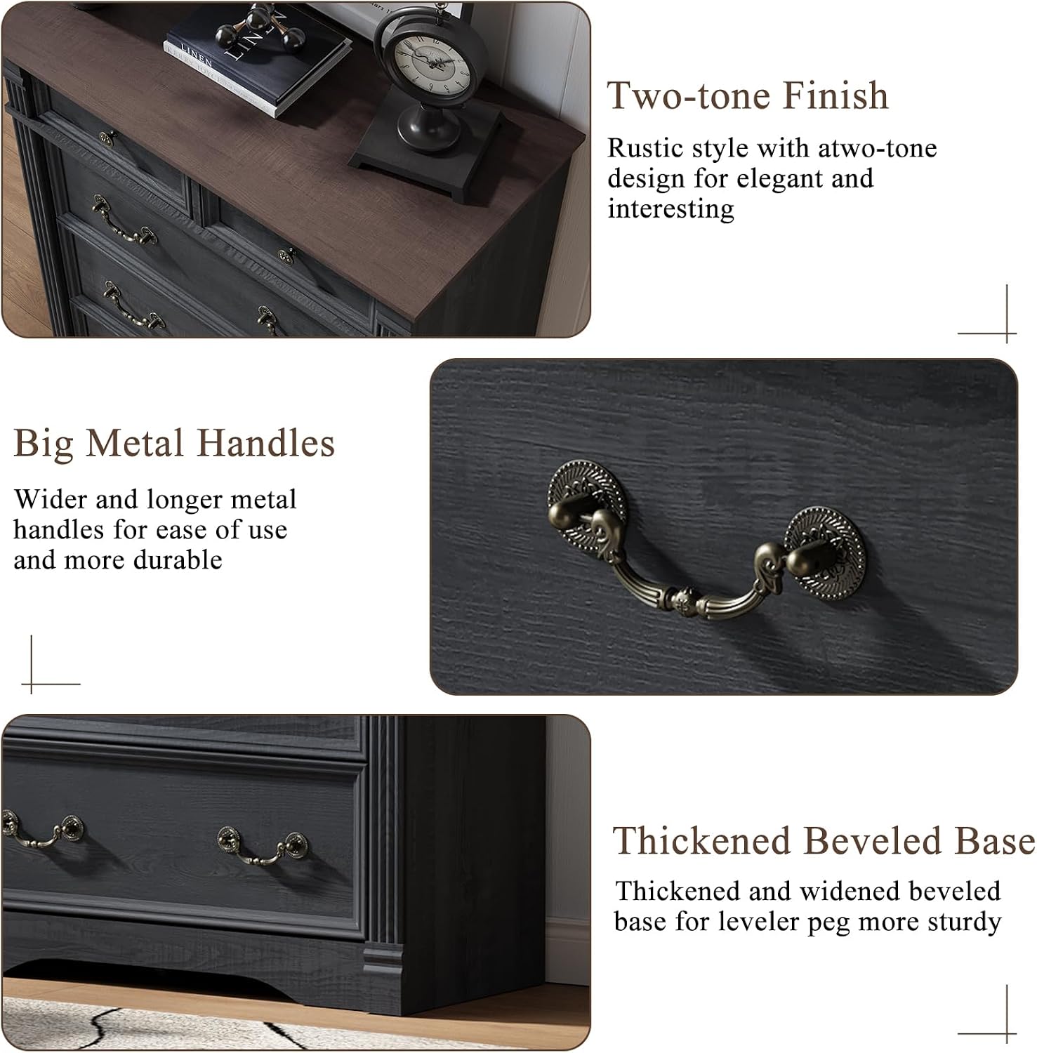 Black Dresser for Bedroom, 47' Tall Dresser for Bedroom, Wood Rustic Chest of Drawers with Chic Wood Pilasters, Farmhouse Dressers Organizer for Bedroom, Hallway