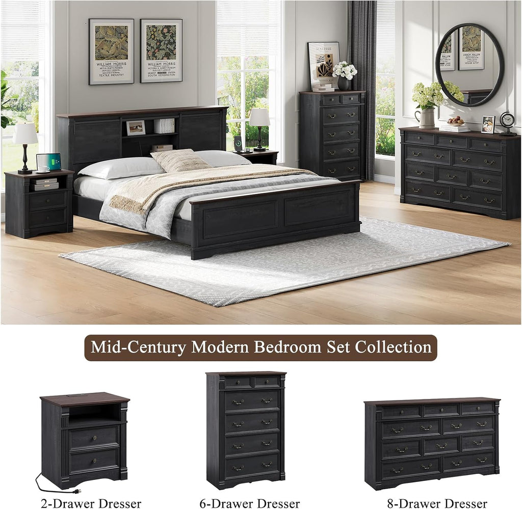 Black Nightstand with Charging Station, Side Table Storage Cabinet with 2 Drawers and Chic Wood Pilasters Design, Farmhouse Wood Bedside Table & End Table with Metal Handles for Bedroom, Living Room