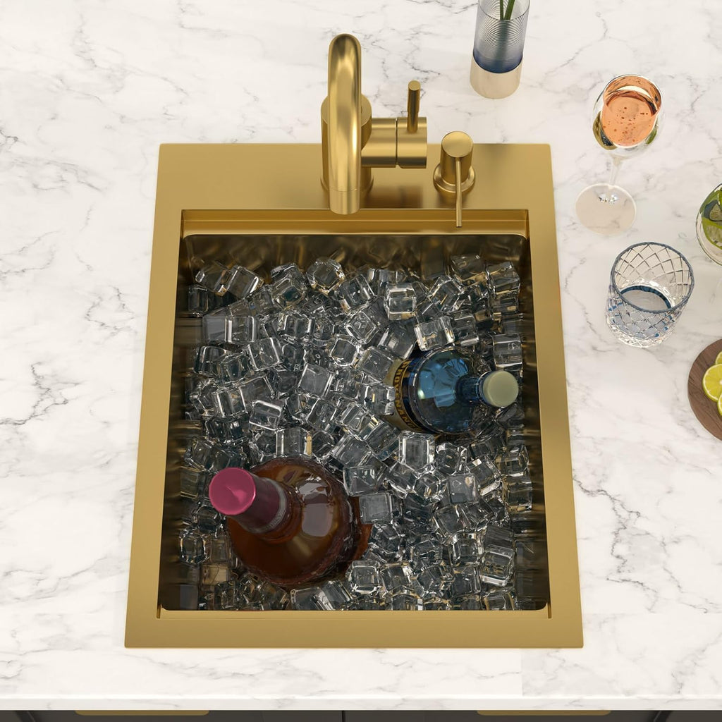 Bar Sink - Lordear 15x20 Inch Gold Bar Sink with Faucet Drop In Workstation 16 Gauge T304 Stainless Steel Single Bowl Top Mount Wet Bar RV Prep Outdoor Kitchen Sink 15x20x9 Inch