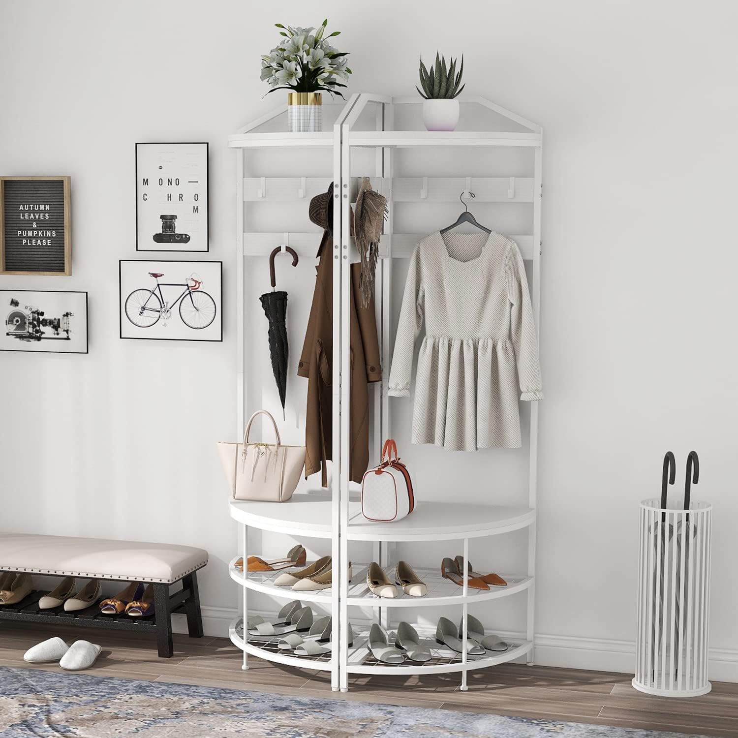 GiftGo Corner Hall Tree with Shoe Bench Entryway Coat Rack with 10 Metal Movable Hooks Freestanding Clothes Rack Shoes Shelf Organizer for Home Office Bedroom (White)