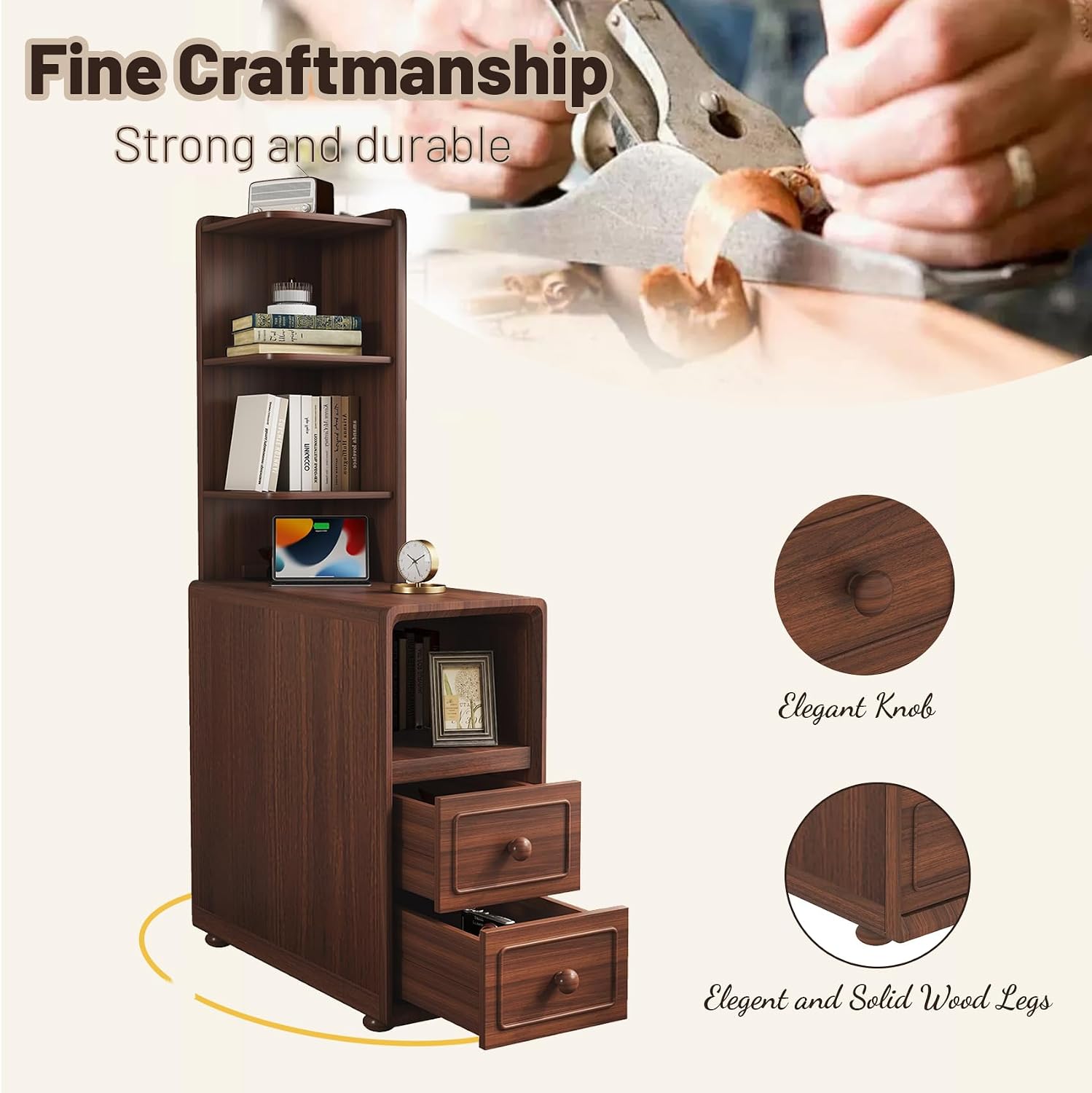 47.2' Tall Nightstand with Charging Station, Wood Tall End Table with Storage Drawers and Open Bookshelves, Narrow Sofa Table Corner Side Table for Small Spaces, Living Room, Bedroom, Walnut
