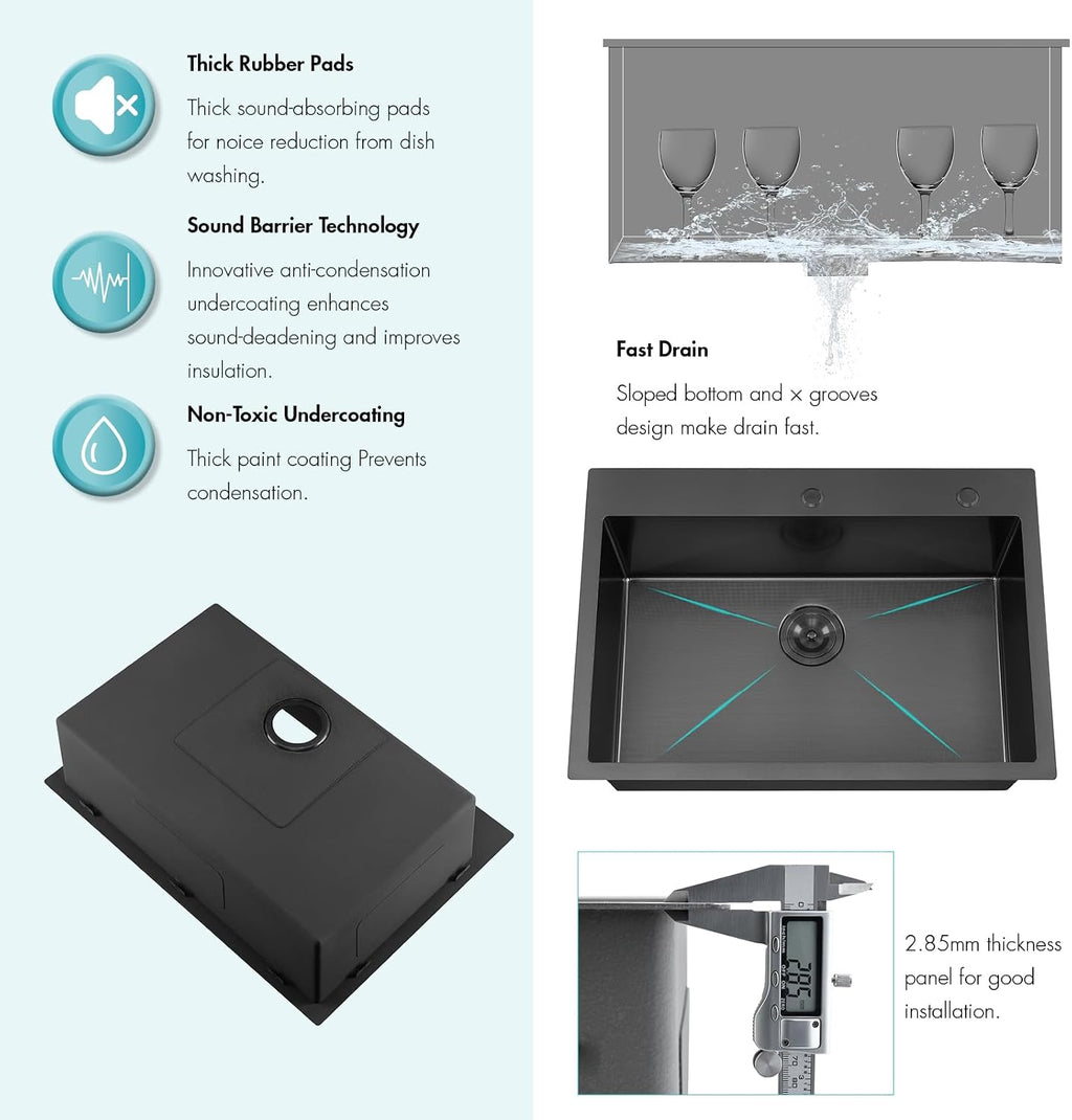 ATTOP 30 Inch Black Drop in Stainless Steel Kitchen Sink Large Single Bowl,30x22 Nano Black Handmade Single Bowl Drop in Kitchen Sink