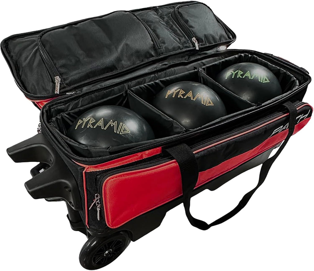 Pyramid Path Triple Premium Deluxe Roller Bowling Bag With Extra Large Separate Shoe Compartment (Up To US Mens Size 16) and 5 Accessory Pockets, 5' Wheels, Retractable Locking Handle - Extends to 42'