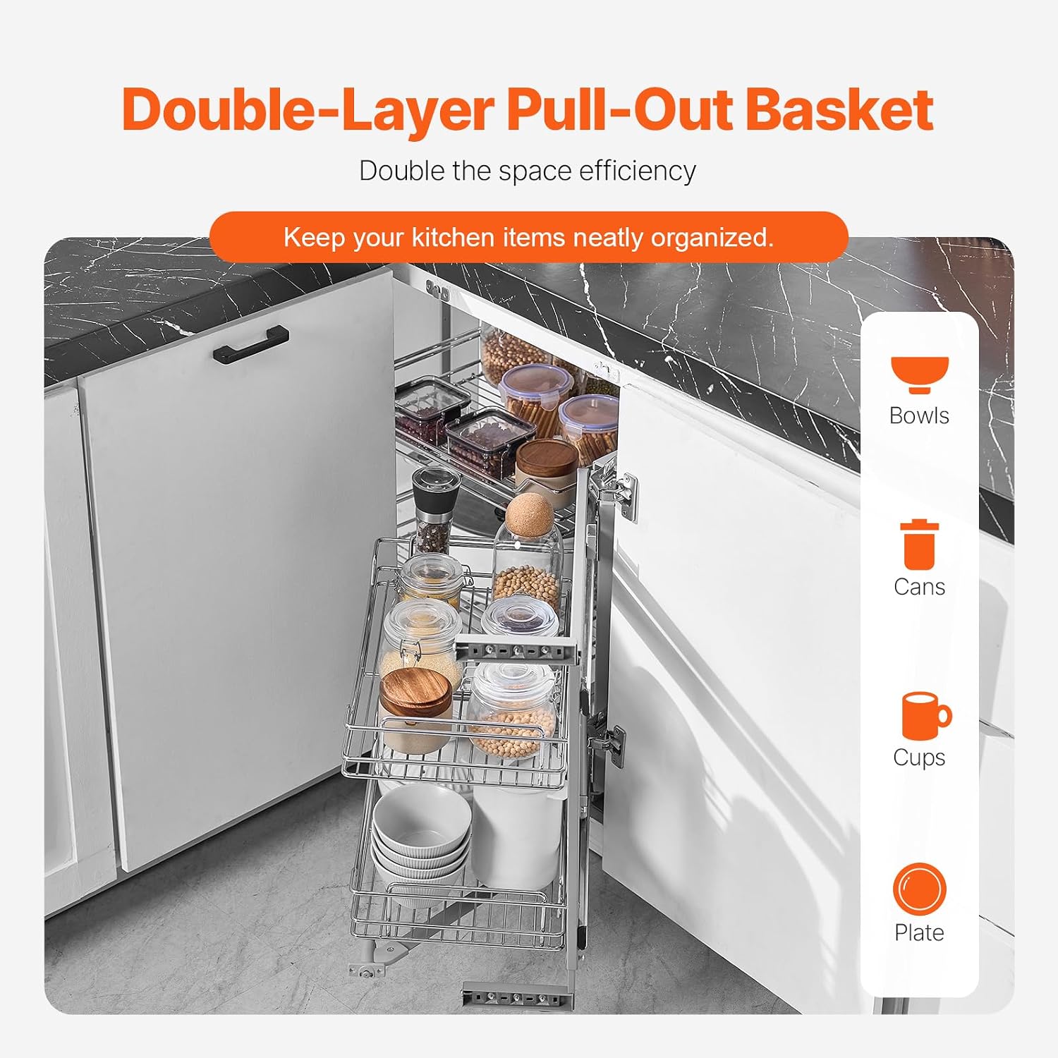 VEVOR 18' W Opening Blind Corner Pull Out Organizer, 2 Tier 4 Shelf Kitchen Cabinet Organizer, Magic Chrome Carbon Steel Storage Basket, Slide Out Storage Organizer, Left & Right Open Compatible