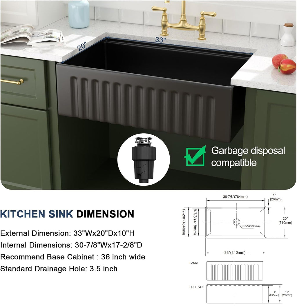 Lordear 33 Black Farmhouse Sink Workstation Porcelain Farm Kitchen Sinks Matte Black Single Bowl Basin 33x20x10 Inch Large Bowl Sink