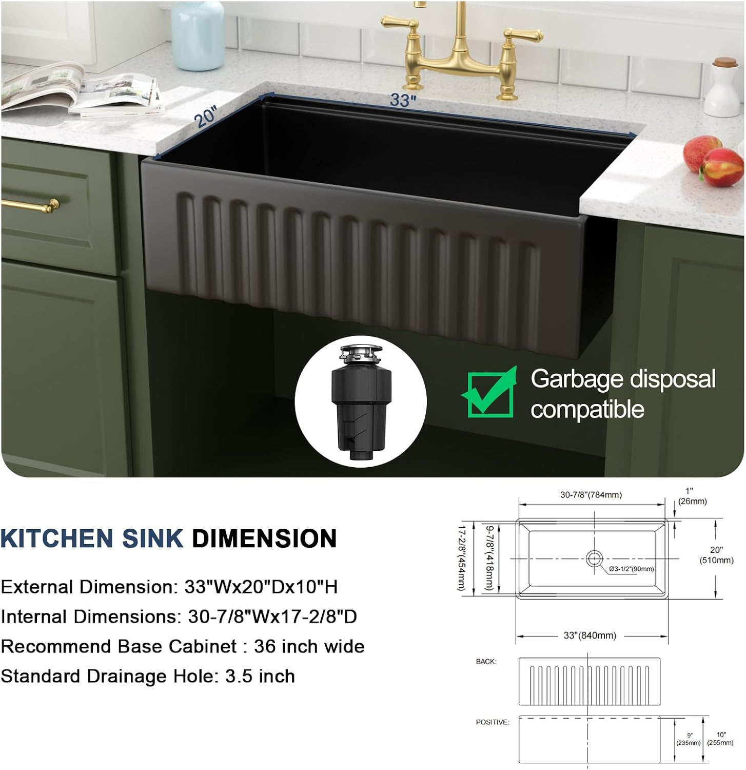 Lordear 33 Black Farmhouse Sink Workstation Porcelain Farm Kitchen Sinks Matte Black Single Bowl Basin 33x20x10 Inch Large Bowl Sink