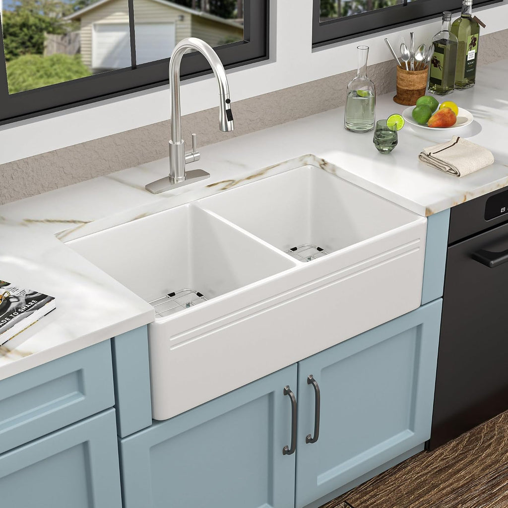 33 White Farm Sink Double Bowl - Fulorni 33'×18' Farmhouse Kitchen Sink Reversible Apron Front Double Bowl 50/50 Ceramic Porcelain Fireclay Farmer Style Basin