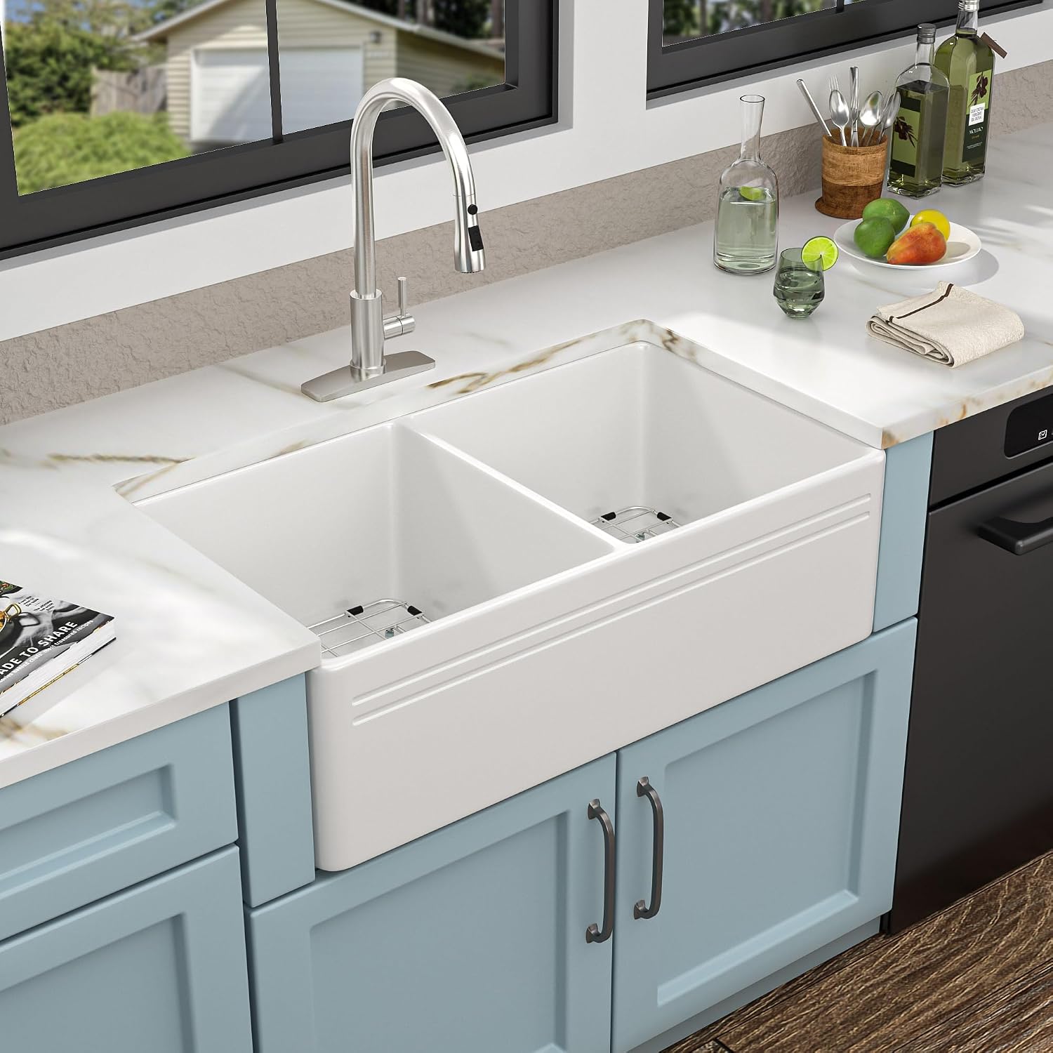 33 White Farm Sink Double Bowl - Fulorni 33'×18' Farmhouse Kitchen Sink Reversible Apron Front Double Bowl 50/50 Ceramic Porcelain Fireclay Farmer Style Basin