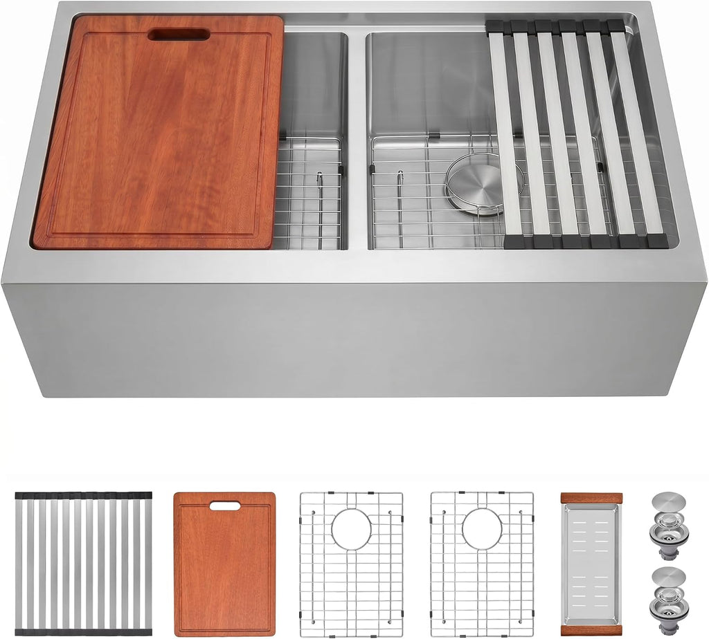 Kitsitchen Double Bowl Farmhouse Kitchen Sink, 16 Gauge 304S Stainless Steel Farm Sinks, 50/50 Design 10 Inch Deep Workstation Sinks with Accessories（28'X 22' x 10' ，Stainless Steel Color）