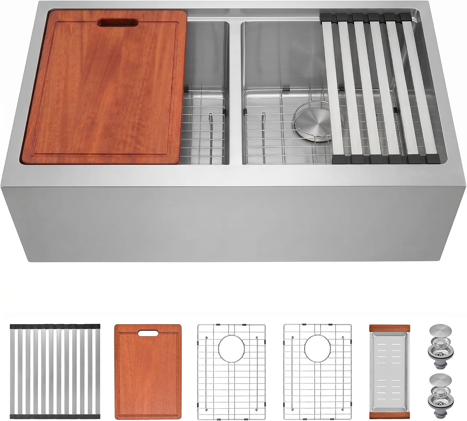 Kitsitchen Double Bowl Farmhouse Kitchen Sink, 16 Gauge 304S Stainless Steel Farm Sinks, 50/50 Design 10 Inch Deep Workstation Sinks with Accessories（28'X 22' x 10' ，Stainless Steel Color）