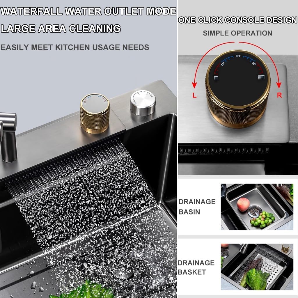 Waterfall Sink with 1080° Rotating Faucet Stainless Steel Single-Bowl Kitchen Workstation Sink with Pull-Out Faucet and Cup Washer Dual-Mount (Color : Black, Size : 68x46x21cm) (Black 68x46x21cm)