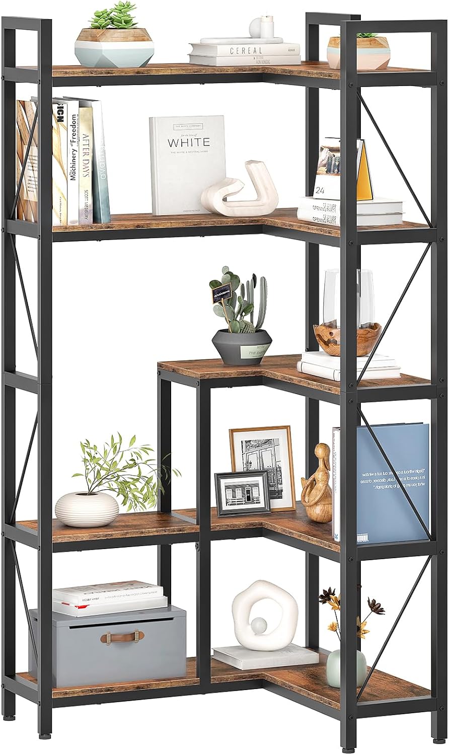 CHOEZON 5-Tier Corner Bookshelf, 65.5'' Tall L-Shaped Bookcase, Corner Storage Stand with Metal Frame, Display Storage Rack, for Living Room, Home Office, Bedroom, Rustic Brown TSJ12BF