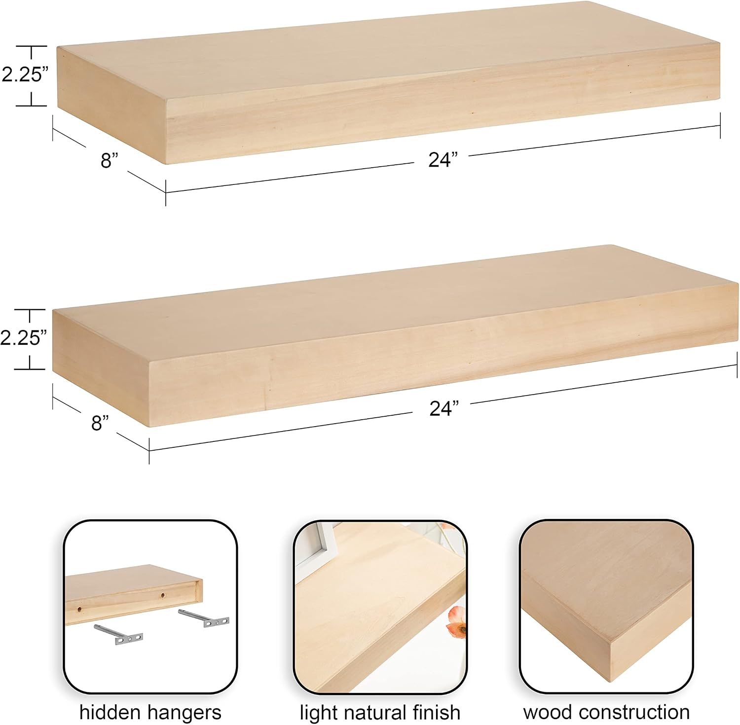 Kate and Laurel Havlock Modern Natural Floating Shelves; Set of 2; 24 x 8; Natural Wood; Mid-Century Bathroom and Kitchen Shelves for Storage and Display