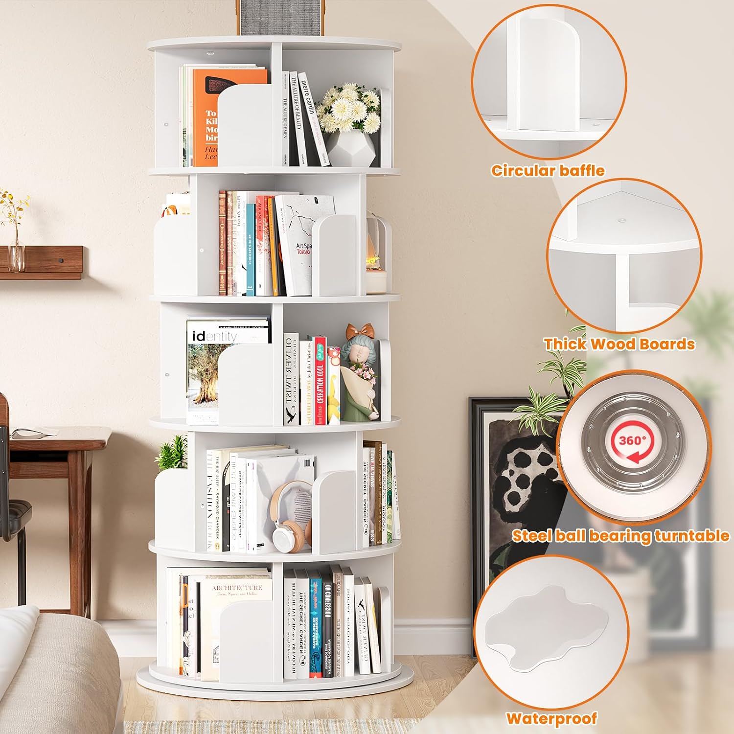Besiost Rotating Bookshelf Tower, 5 Tier Spinning Bookcase, Revolving 360 Book Shelf Narrow Tall Bookcase, Vertical Turning Round Bookshelf Organizer, Wood Corner Book Shelf for Small Space, White