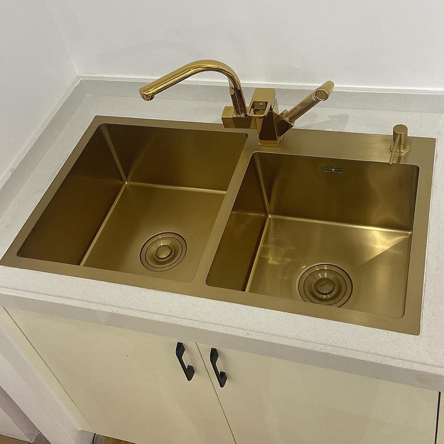 Kitchen Sink Large Gold Double Bowl Bar Sink Household 304 Stainless Steel Handmade RV Sink with Drain Assembly Drop in Or Undermount (Color : Gold, Size : 82x45x22cm) (Gold 82x45x22cm)