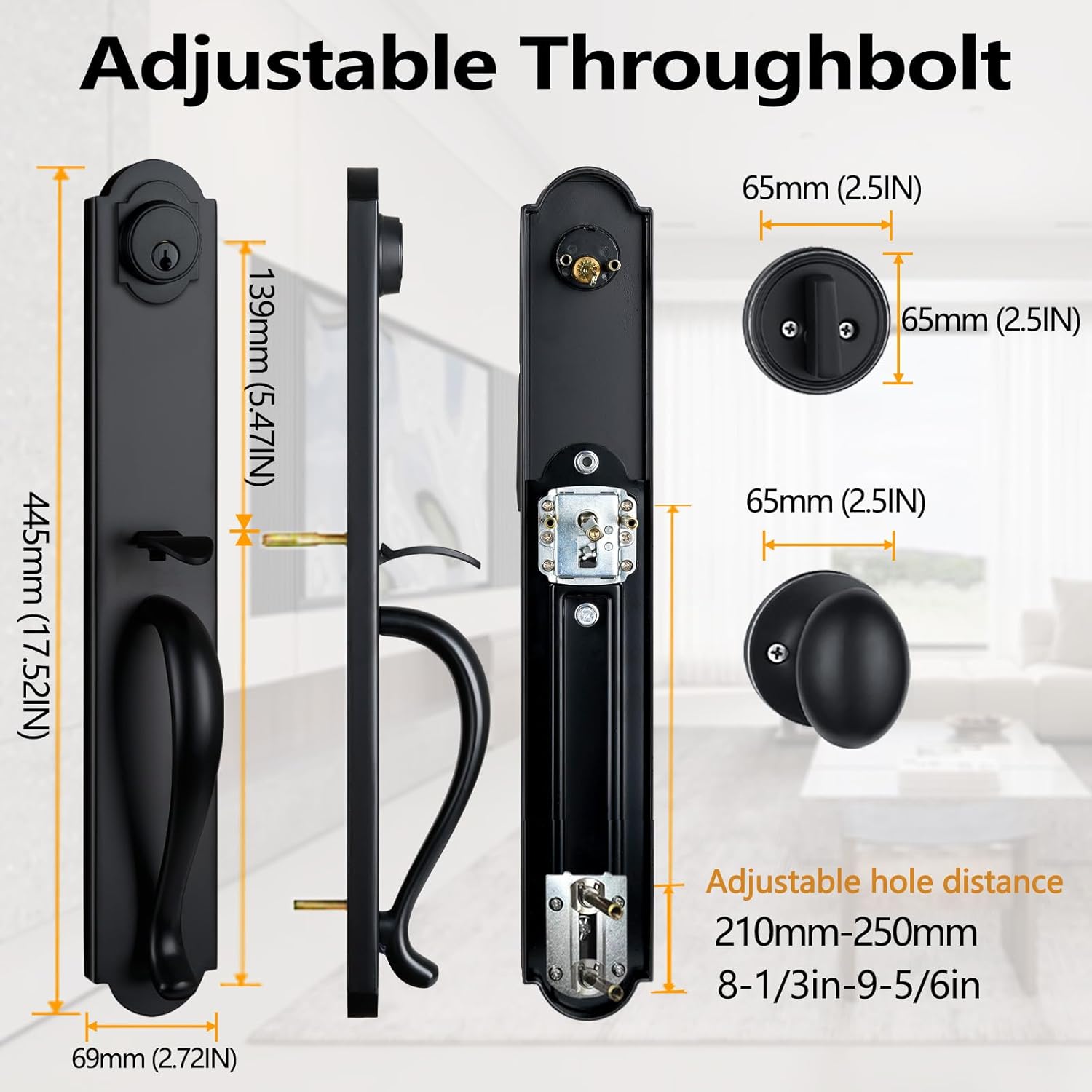 Double Front Door Handle Set with Camelot Trim in Matte Black, Entrance Front Door Lock Set with Deadbolt and Knob, X-2018DBSET