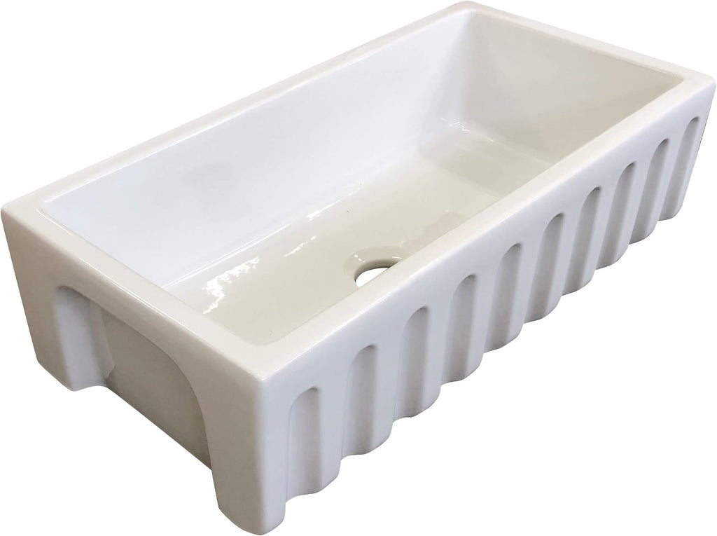 Fireclay Sink, Single Bowl Farmhouse Apron Kitchen Sink, Flat or Fluted Reversible Installation Option, White, 36 Inch.