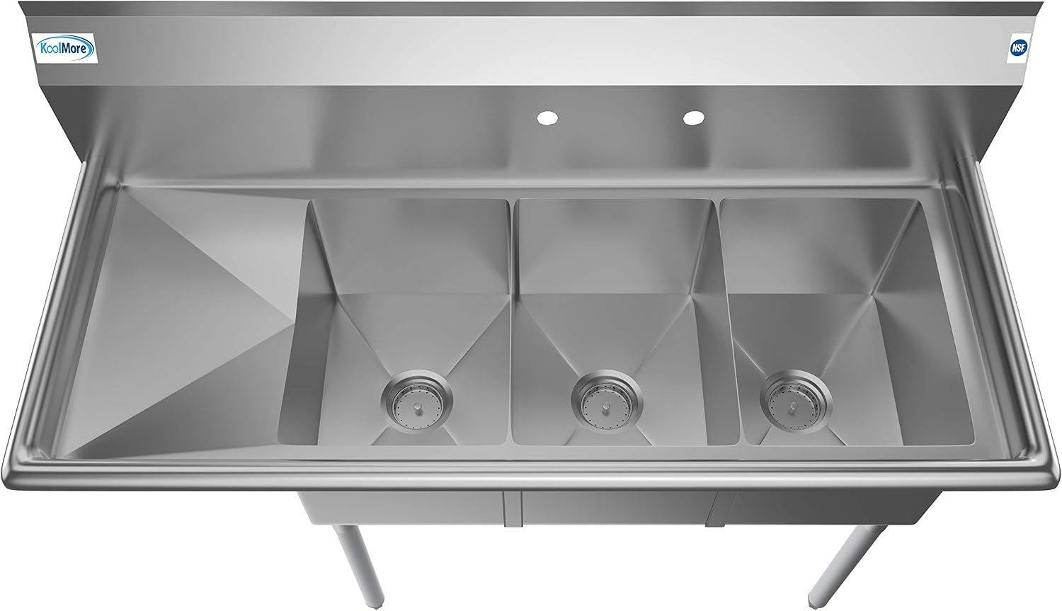 KoolMore 3 Compartment Stainless Steel NSF Commercial Kitchen Sink with Drainboard - Bowl Size 12' x 16' x 10',Silver