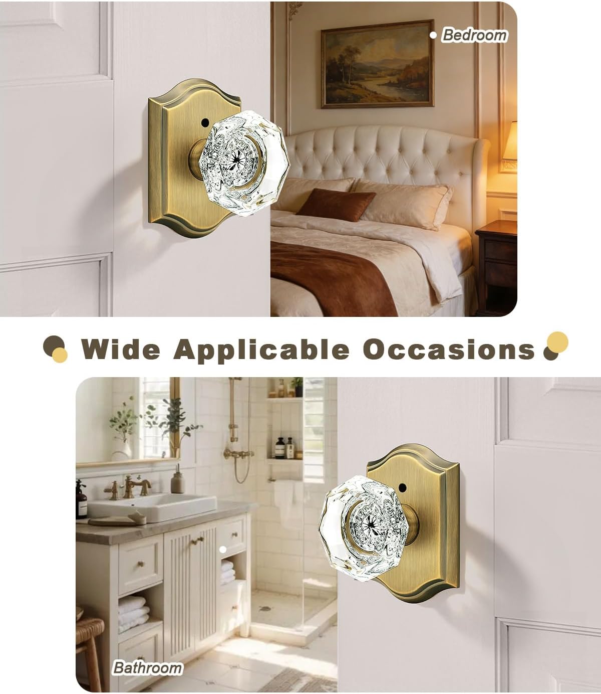Gobrico 10 Project Pack Octagonal Crystal Door Knobs with Lock,Interior Privacy Door Locksets for Bedroom/Bathroom,Keyless Outside,Push Pin Inside,Antique Brass,Heavy Duty