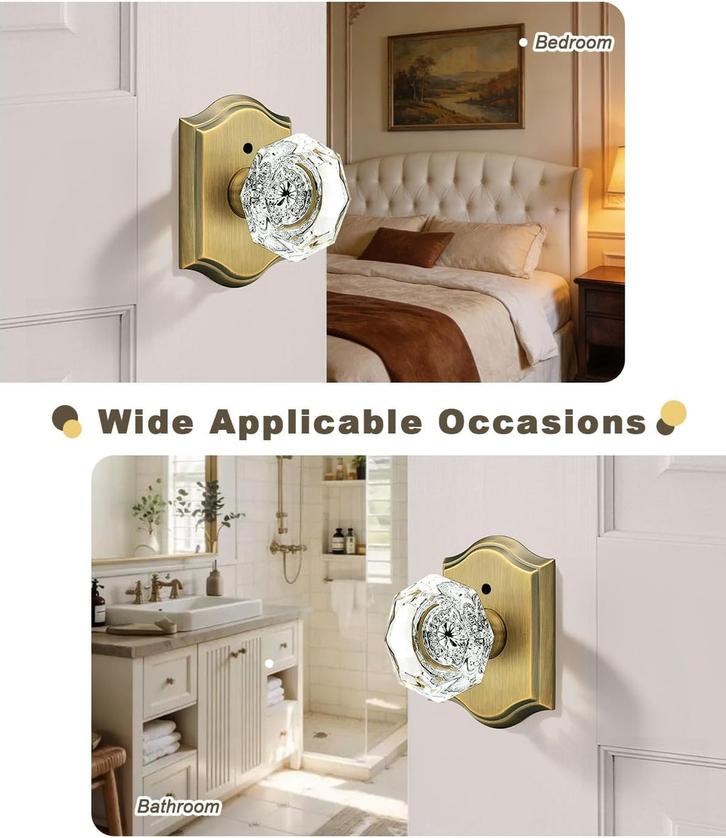 Gobrico Privacy Door Locks Crystal Knobs with Arched Antique Brass Finish,Interior Doorknobs with Lock for Bathroom Bedroom,Heavy Duty Door Handles,6 Pack