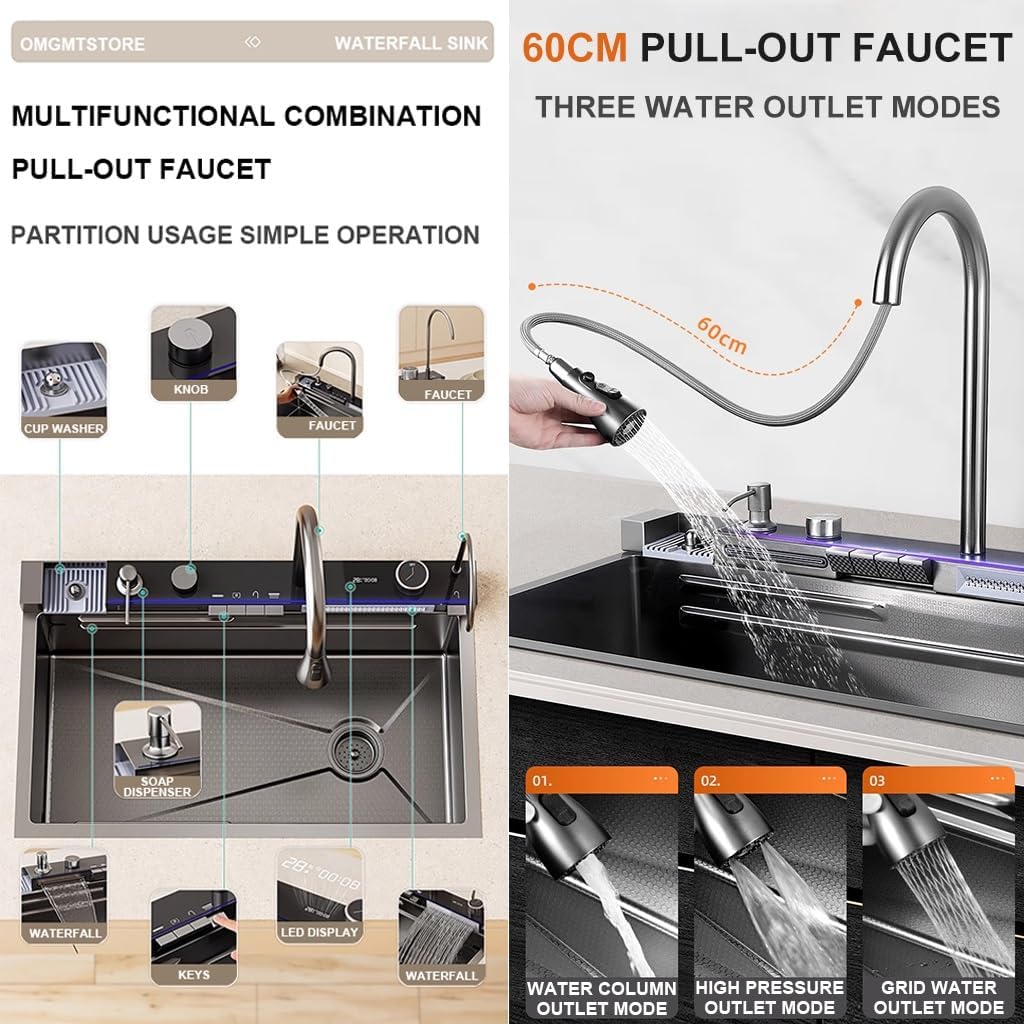 Stainless Steel Single Bowl Kitchen Workstation Sink Multi-Functional Bar Sink Waterfall Pull-Down Faucet and Complete Accessory Set (Black 75x45x21cm)