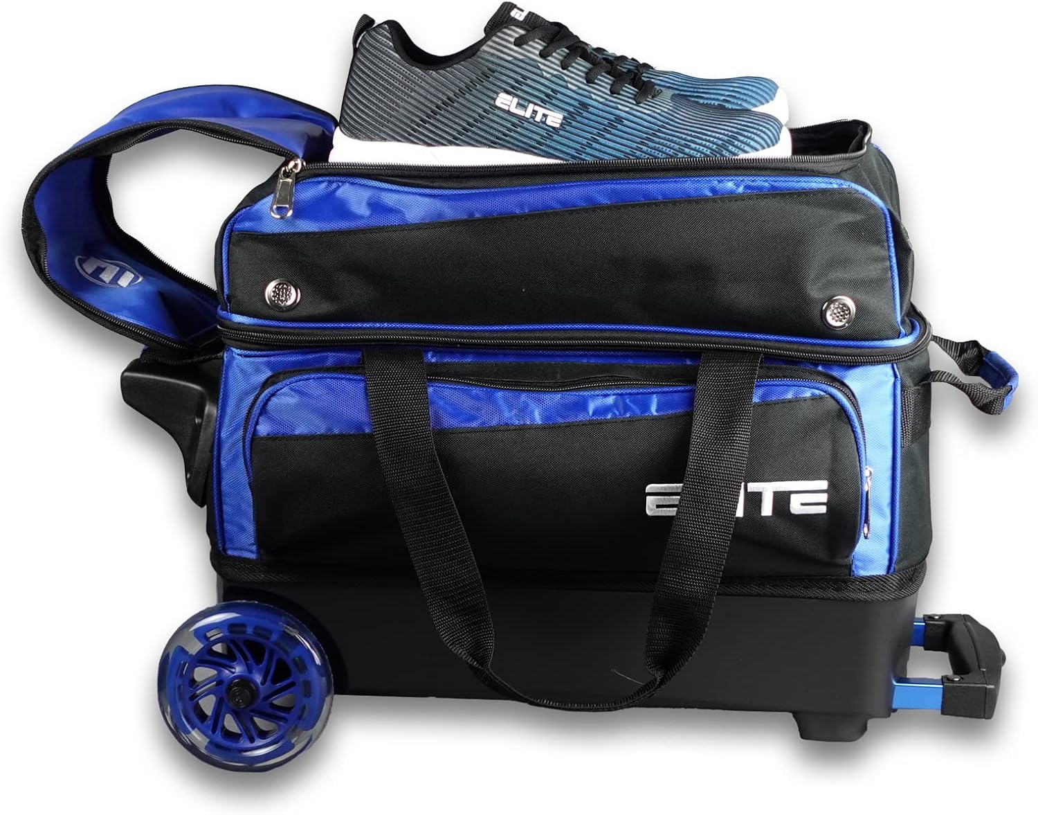 ELITE Deluxe 2 Ball Bowling Bag with 5' Smooth Wheels - Large Accessory Pocket, Shoe Compartment, 36' Extendable Handle