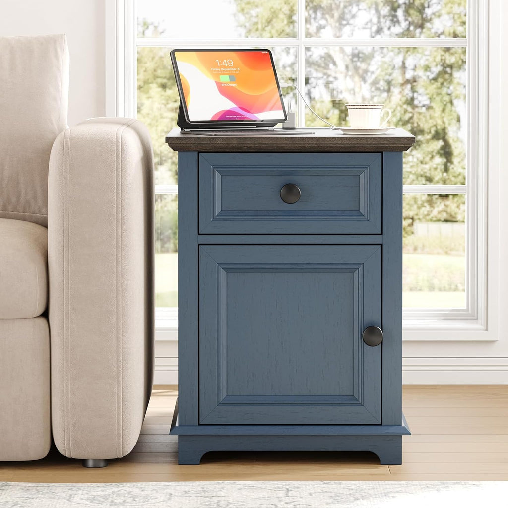 REDAYFUR 24' Tall End Table with Fast Charging Station, Square Side Table with Drawer & Large Storage Cabinet, Vintage Wooden Table for Living Room/Bedroom, Blue
