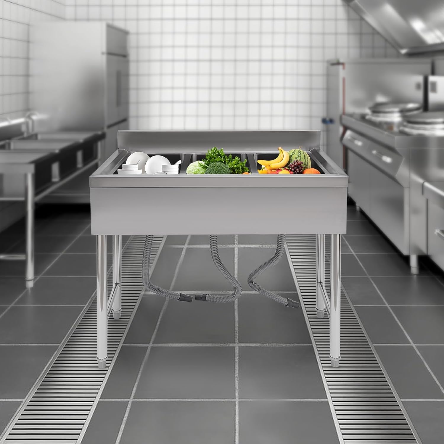 Kitchen Sink, 3 Compartment Bowl Free Standing, Commercial Sink 3 Bowl Waterfall Prep & Utility Washing Hand Basin Stainless Steel Workstation Sink with Faucet for Restaurant Bar Garage