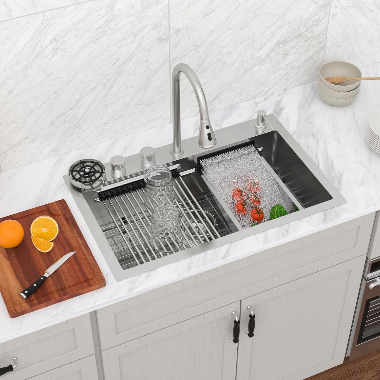 Logmey 30' Luxury Waterfall Sink Nano PVD Drop in Kitchen Sink with Faucet,16 Gauge Stainless Single Bowl Sinks with Two Knobs,Dual Split Rain Fall,Double Step,30x19x9