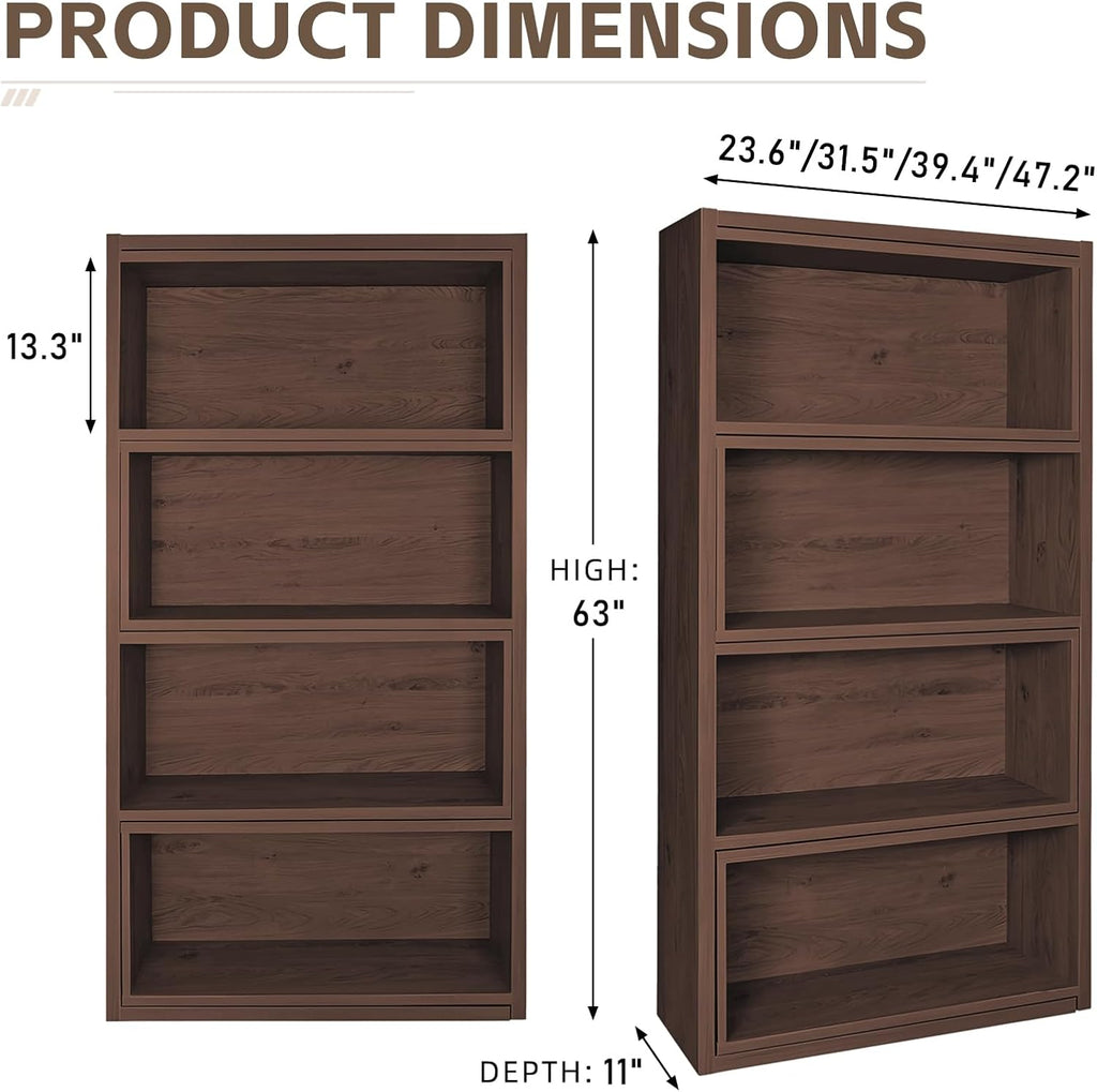 Expandable 3-in-1 Convertible Bookcase with Adjustable Width, Corner & Straight Shelf Design, 4-Tier Modern Storage Organizer, Space-Saving (Light Brown, 15.7' × 11.8' × 63.0')
