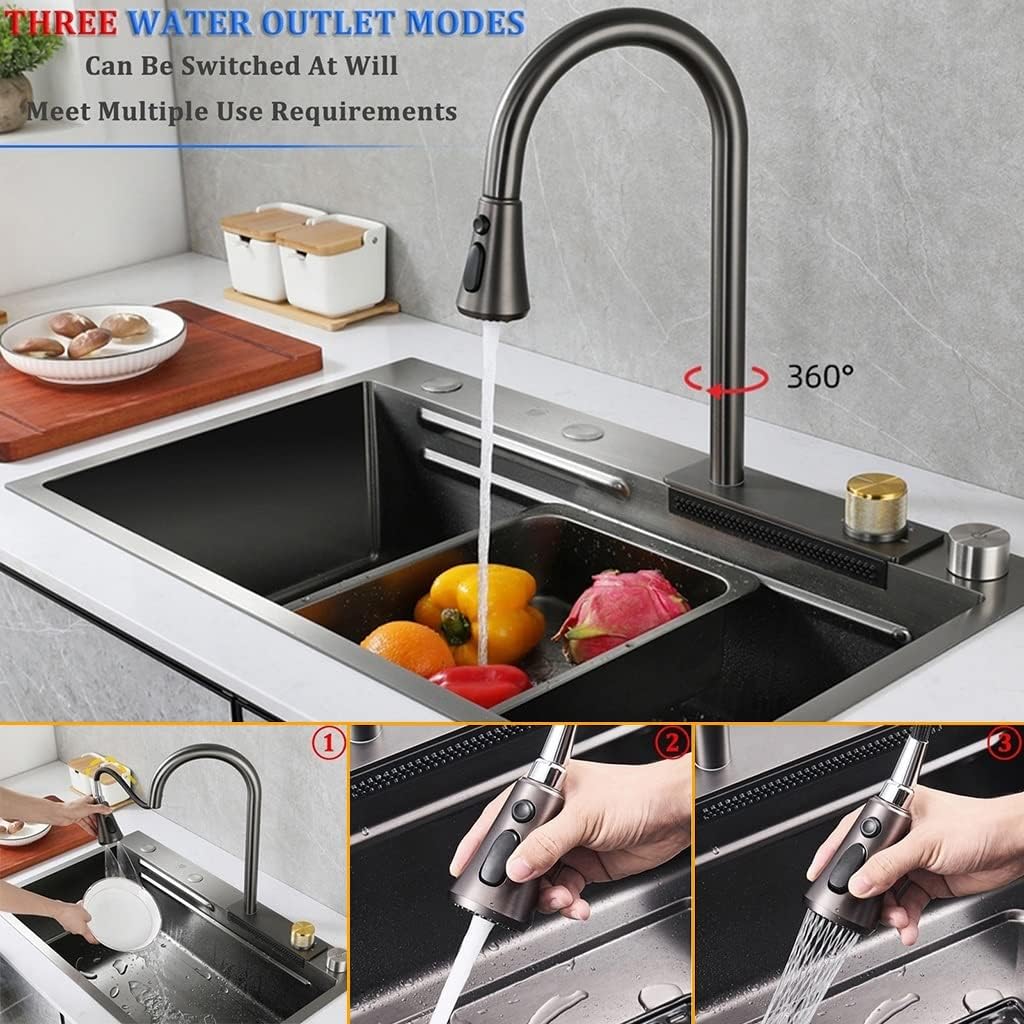 Bar Kitchen Sink Versatile Stainless Steel Single-Bowl Kitchen Workstation Sink Waterfall Pull-Down Faucet and Complete Accessory (Color : Black, Size : 75x45x22cm) (Black 68x45x22cm)