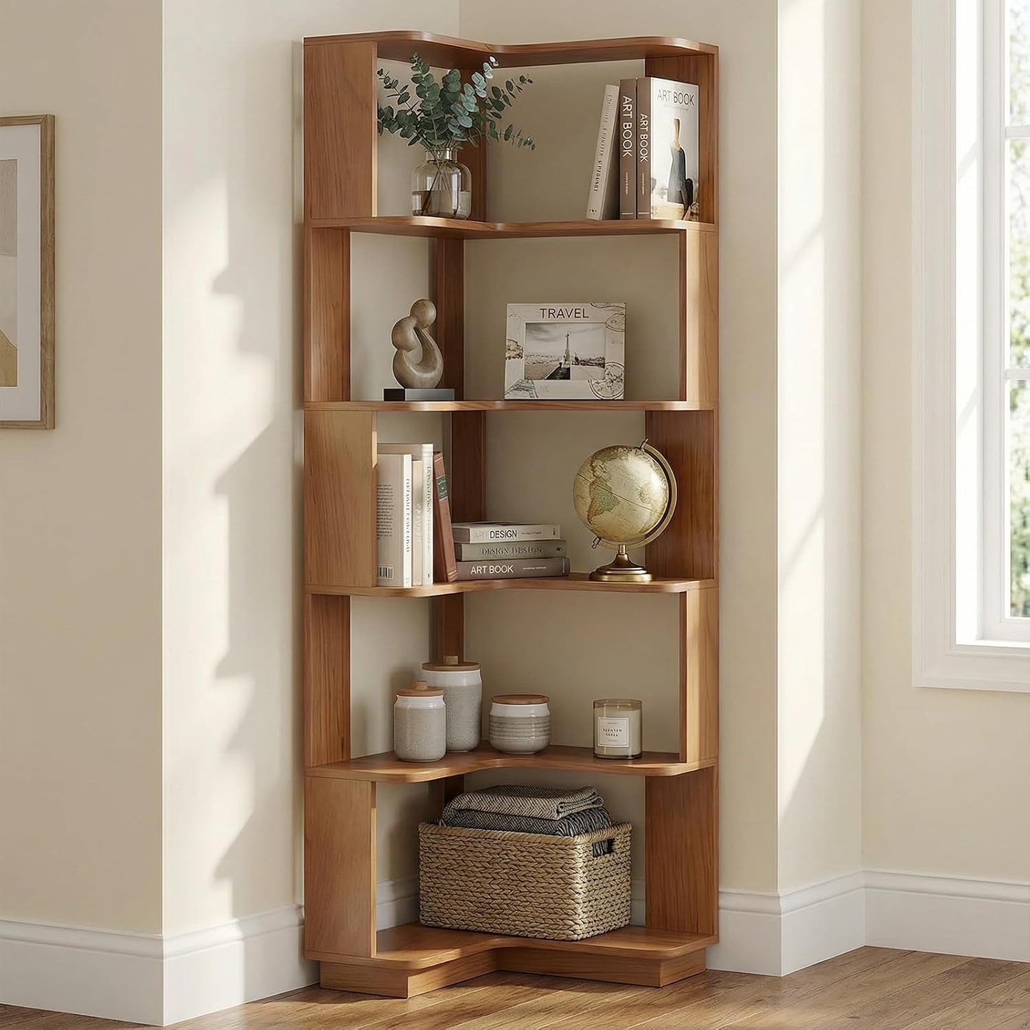 5 Tier Corner Bookshelf, Freestanding L-Shaped Wooden Bookcase with Open Shelves, Anti-Fall Panels and Anti-Tipping Device for Living Room, Bedroom, Home Office (Dark Oak)