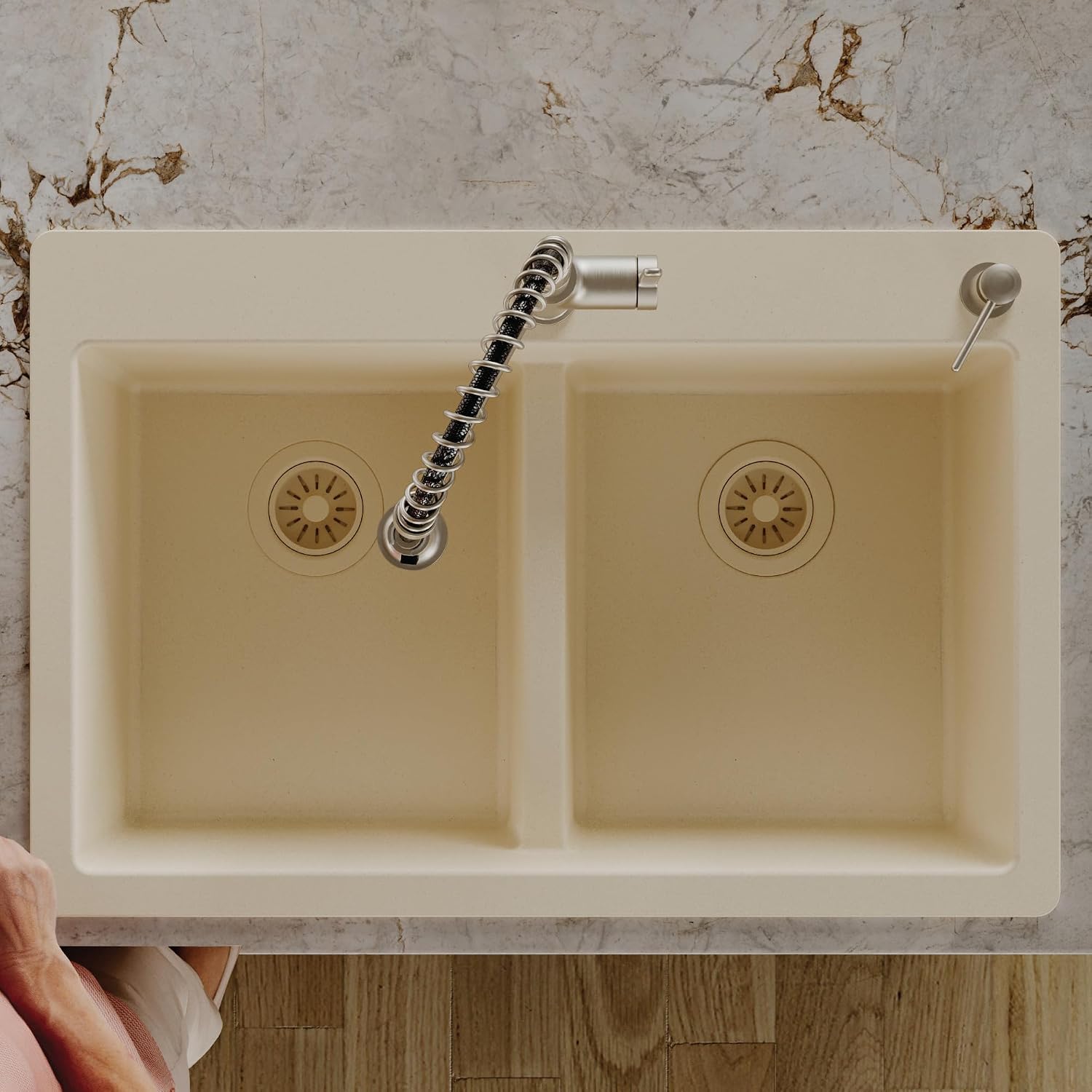 Karran 33' Bisque Quartz Composite Double Bowl Kitchen Sink – Top Mount Drop-In 50/50 Low Divider, 80% Natural Quartz, 535°F Heat Resistant, Sound Dampening, Granite Composite