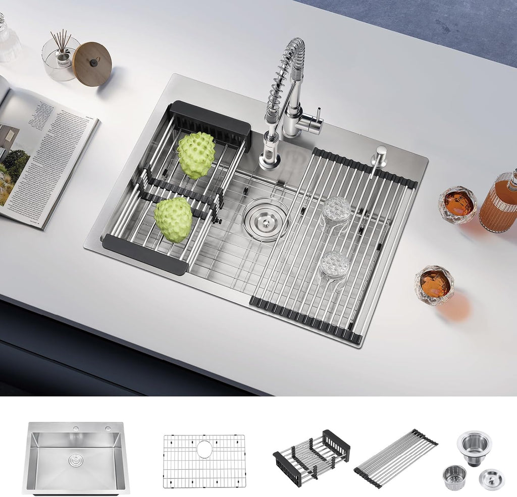 ATTOP Drop in Kitchen Sink Single Bowl,Nano Coating 28 Inch Stainless Steel Handmade Single Bowl Drop-in Sink